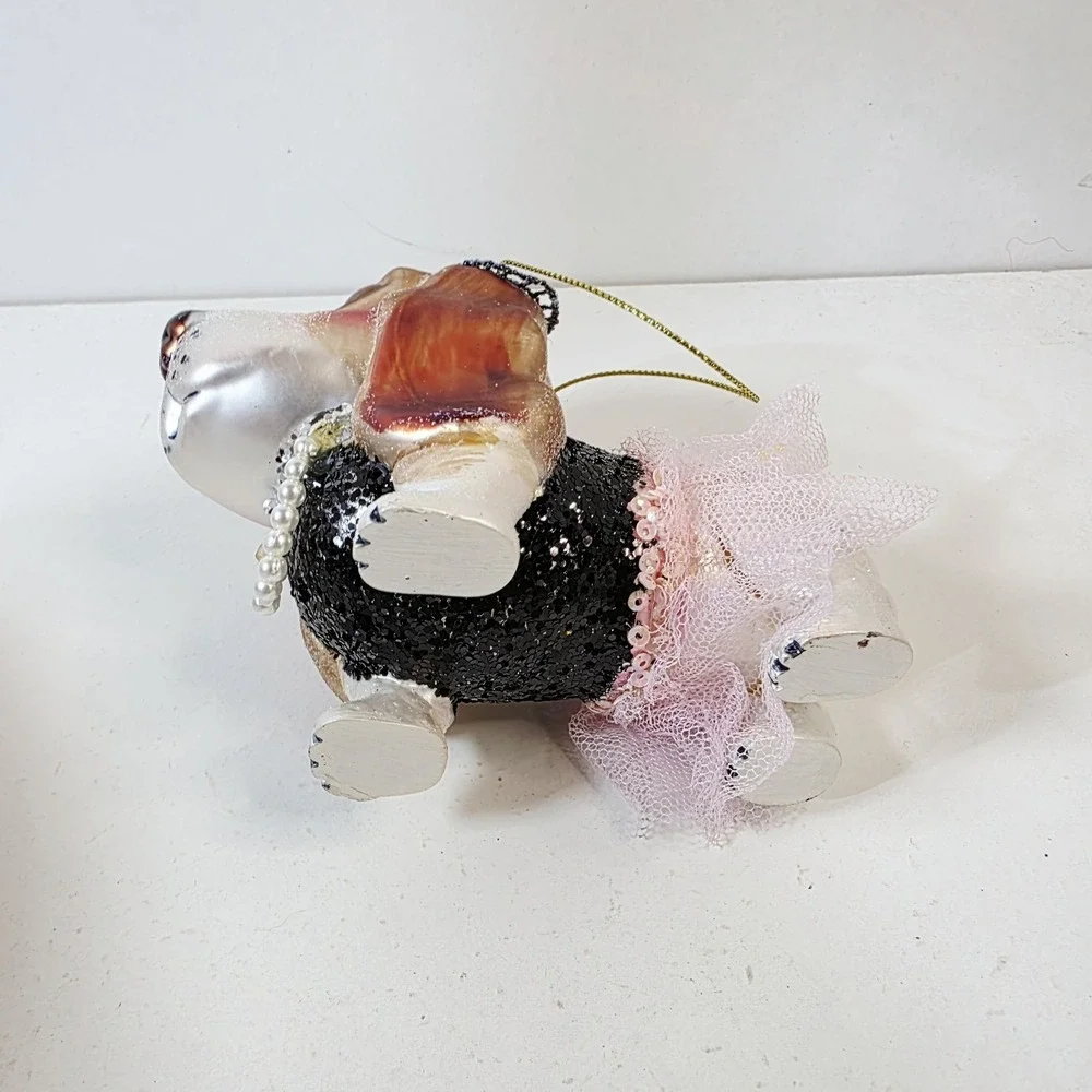 Blown Glass Hound Dog Dressed in Sequins Pink Skirt Glitter Christmas Ornament